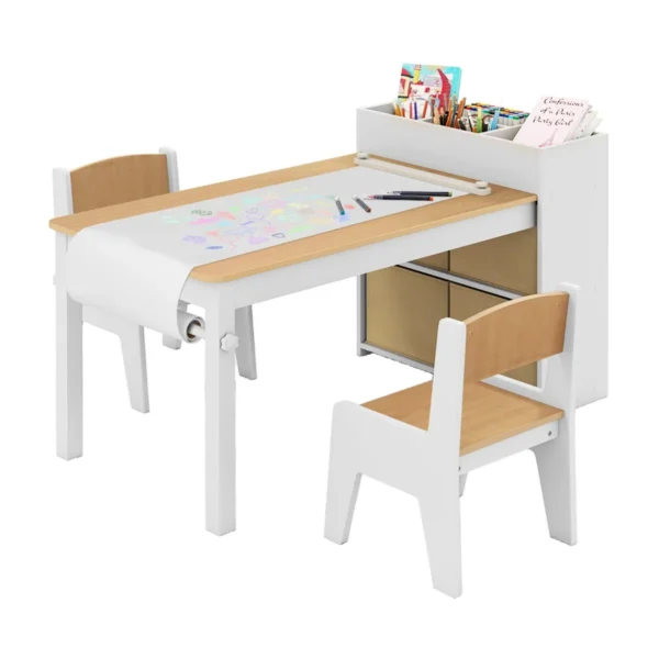 Kindertafel En Stoelenset Tekentafel Met 2 Stoelen Papierhouder En Rol 4 Stoffen Bakken Open Planken Activiteitentafel-Naturel