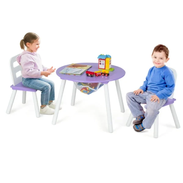Kindertafel Met 2 Stoelen 3-Delig Houten Zitgroep Kinderzitgroep Met Afneembaar Tafeldeksel Opbergzak Kindermeubelset Stapelbaar (Paars)