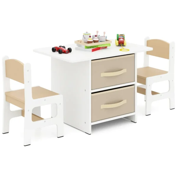 Kindertafel Met 2 Stoelen 3-Delig Houten Zitgroep Met 2 Afneembare Manden En Breed Tafelblad Activiteitstafel-Beige