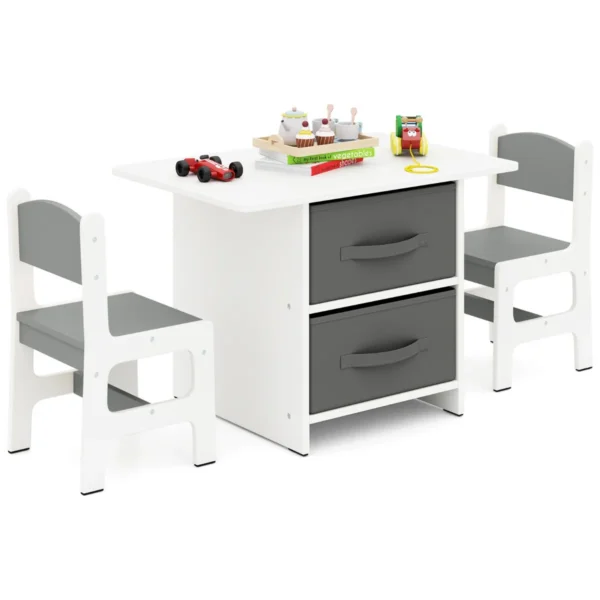Kindertafel Met 2 Stoelen 3-Delig Houten Zitgroep Met 2 Afneembare Manden En Breed Tafelblad Activiteitstafel-Grijs