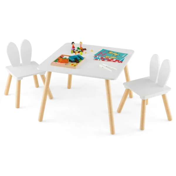 Kindertafel Met 2 Stoelen 3-Delig Kinderzitgroep Met Massief Houten Poten & Konijnenoren Rugleuning Vierkante Speeltafel Wit