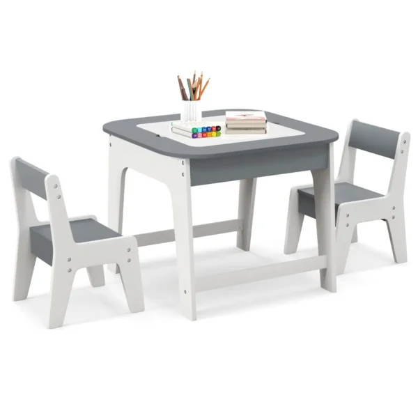 Kindertafel Met 2 Stoelen 3-Delige Houten Kinderzitgroep Met Dubbelzijdig Tafelblad 3-In-1 Tekentafel & Knutseltafel Activiteitentafel Grijs