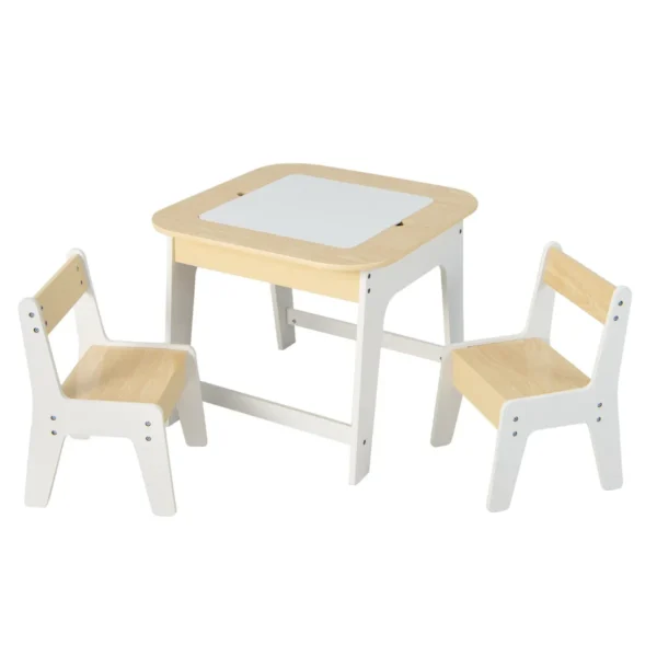 Kindertafel Met 2 Stoelen 3-Delige Houten Kinderzitgroep Met Dubbelzijdig Tafelblad 3-In-1 Tekentafel & Knutseltafel En Activiteitentafel