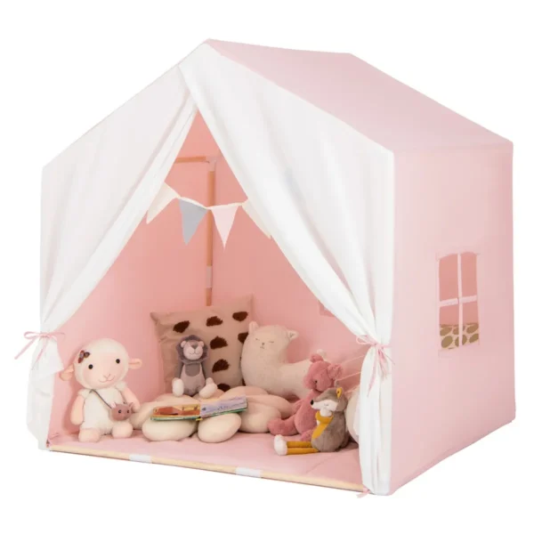 Kindertent Voor Binnen Kinderspeelhuis Met Raam En Mat Prinsessenspeeltent Met Gordijn En Houten Frame Kinderspeeltent (Roze)