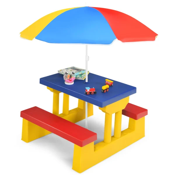 Kinderzitgroep Voor Buiten Met Parasol Picknicktafel Met Tafelblad En 2 Bankjes Kindertuinmeubelen Voor Achtertuin Terras Geel
