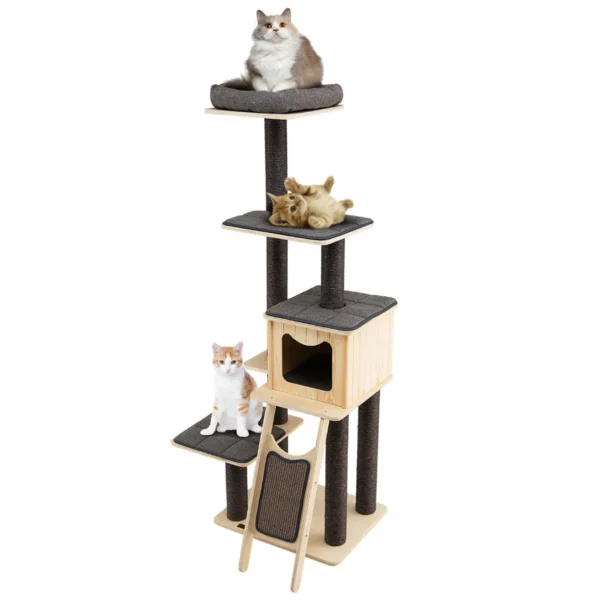 Krabpaal 175 Cm Hoog Kattenhuis Met Sisal Stammen En Krabplank Kattenkrabpaal Modern Kattenmeubel Met 6 Verdiepingen Grijs
