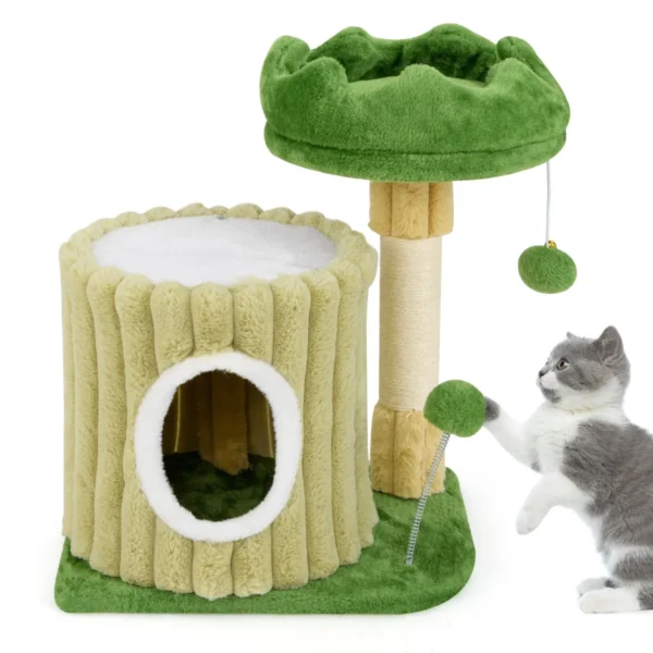Krabpaal Klein Kattenboom Met Platform Sisal-Krabzuil Kattenhol & 2 Ballen Kattenkrabpaal Van Hout En Pluche Klimboom Groen
