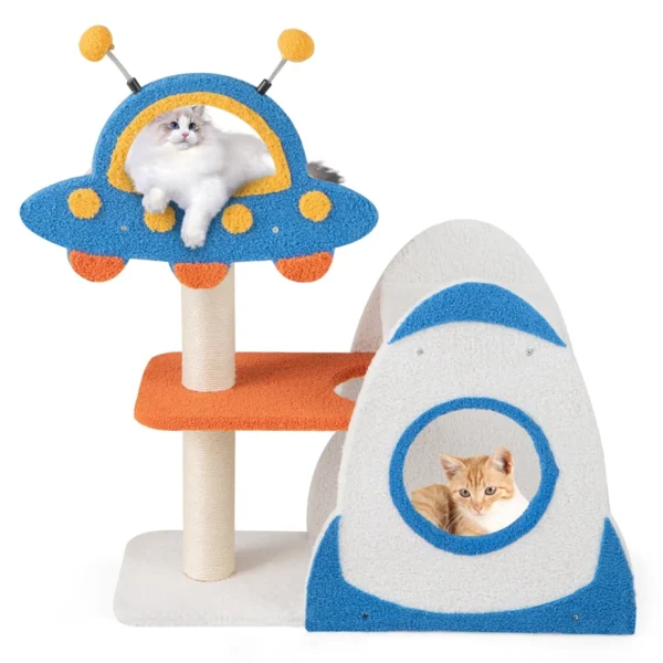 Krabpaal Klein Ruimtethema Kattenboom Met UFO-Platform Speelgoed Sisal-Krabzuilen En Raketkattenhuis Kattenkrabpaal Blauw