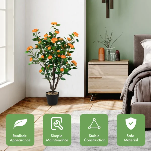 Kunstmatige Camellia Boom Onwerkelijk Bloeiende Camellia Plant Groen + Geel