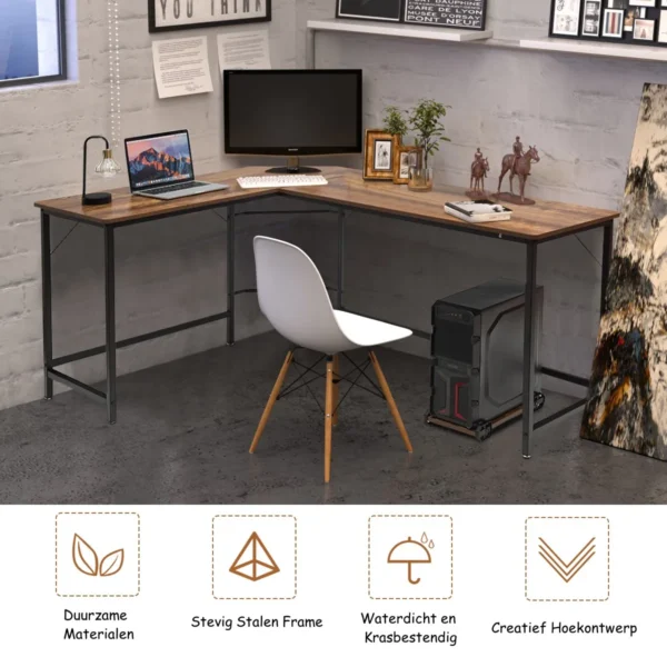 L-vorm Computerbureau PC Hoekbureau 168 X 125 X 74 Cm - Koffie