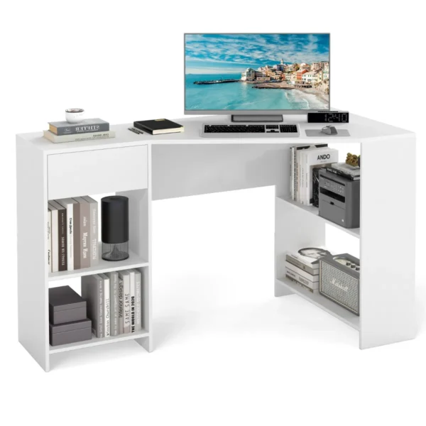 L-Vormig Bureau Hoekbureau Met Lade En Planken Moderne Computertafel Hoektafel Voor Thuiskantoor Wit