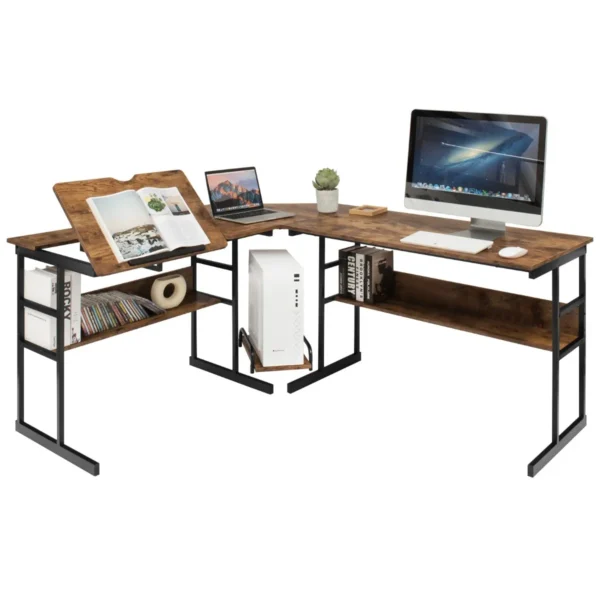 L-Vormig Bureau Hoekbureau Van Hout Met Kantelbaar Tafelblad Onderste Boekenkast En CPU-Standaard Tekentafel Computertafel (Bruin)