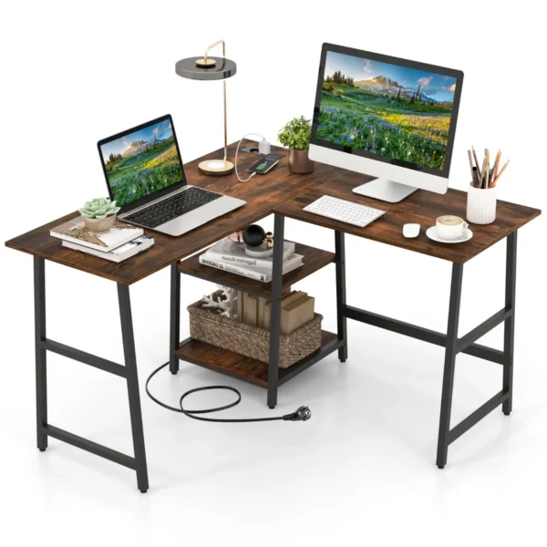 L-Vormig Computerbureau Met Stopcontacten En USB-Poorten 120 Cm Lang Hoekbureau Met Planken PC-Tafel Met Metalen Frame-Koffie