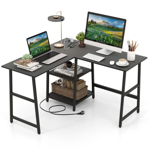 L-Vormig Computerbureau Met Stopcontacten En USB-Poorten 120 Cm Lang Hoekbureau Met Planken PC-Tafel Met Metalen Frame-Zwart