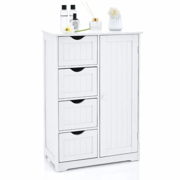 Ladekast Met 1 Kast En 4 Lades Houten Vrijstaande Opbergkast Met Verstelbare Plank In 3 Standen Badkamer Vloerkast Wit
