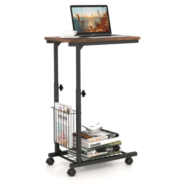 Laptoptafel In Hoogte Verstelbaar Met Opbergmand Bijzettafel Hout Met Metalen Frame Banktafel C-Vorm Met Wieltjes (Rustiek Bruin)