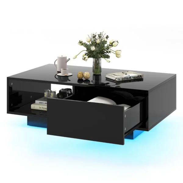 LED Salontafel Moderne Middentafel In Hoogglans Met Open Vak En Lade Accenttafel Met Verlichting En Afstandsbediening-Zwart