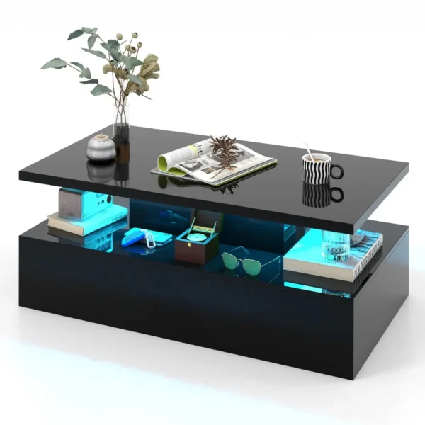 Led-Salontafel Woonkamertafel Met Instelbare Lichtkleuren En Helderheid Afstandsbediening Koffietafel Met 2 Niveaus Zwart 110 X 60 X 40cm