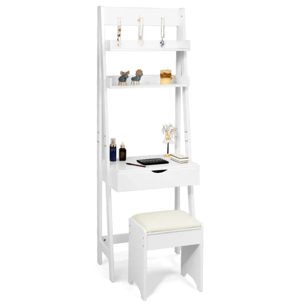 Make-up Set Met Haken/Rek/Breed Bureaublad Kaptafel Met Opklapbare Spiegel En Krukje Wit 61,5 X 40 X 180cm