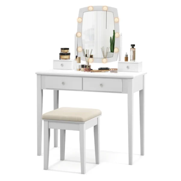 Make-up Tafel Met 360 Graden Draaibare Verlichte Spiegel Kaptafel En Krukje Met 4 Opberglades 10 Dimbare LED Lampen Kussen (Wit)