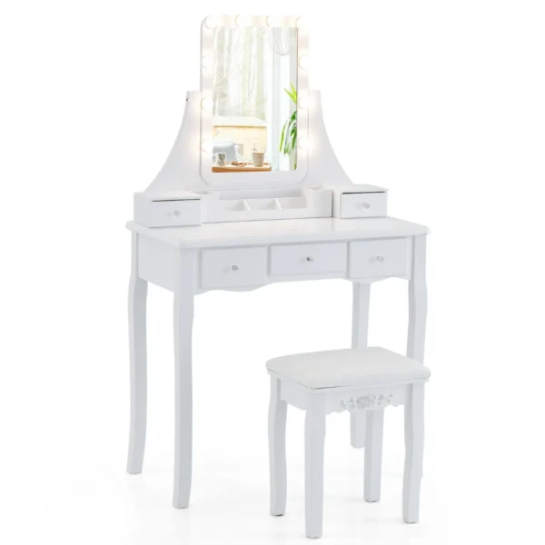 Make-Uptafel Met Verlichte Spiegel Kaptafel Met Verlichting 3 Kleurstanden Instelbare Helderheid 5 Laden En Zacht Gestoffeerd Krukje Wit