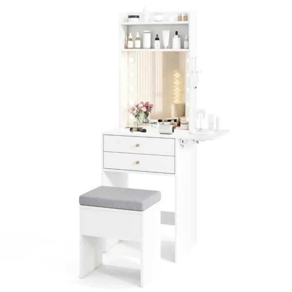 Make-Uptafel Met Verlichting Kaptafel Met Laadstation Spiegel Laden Planken En Inklapbaar Tafelblad Kruk Met Opbergruimte Wit