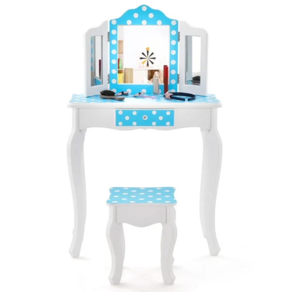 Make-Uptafel Voor Kinderen 2-In-1 Kaptafel Bureau Met Drievoudig Inklapbare Spiegel En Afneembare Plaat En Lade (Blauw)