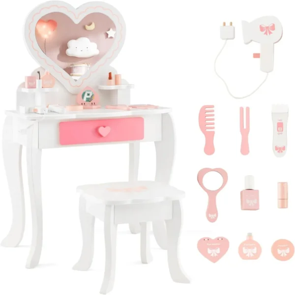 Make-Uptafel Voor Kinderen 2-In-1 Kaptafel Met Hartvormige Spiegel Kruk Lade En Accessoires Kinderkaptafel Voor Kinderen 3+