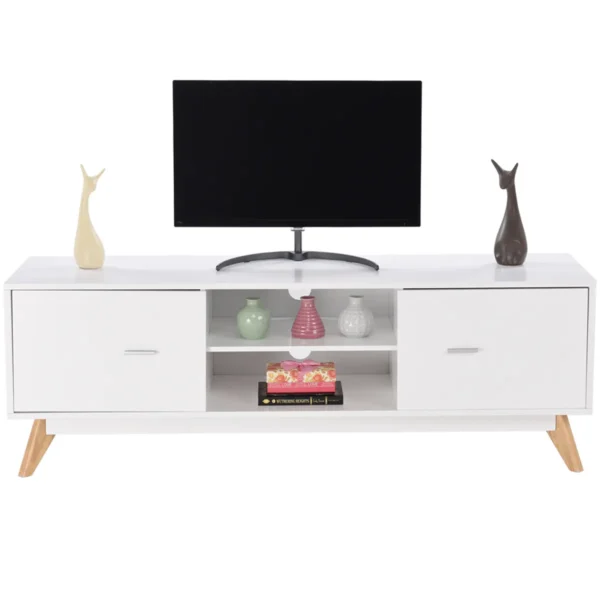 Meubel Voor TV Tot 60" Moderne TV-Console 2 Planken 2 Kasten Kabelgaten Massief Houten Poten Voor Woonkamer Wit