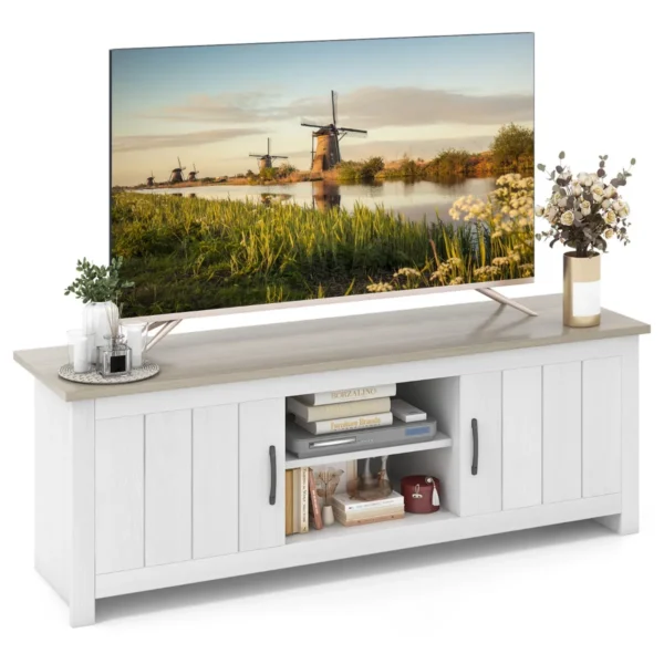 Meubel Voor TV Tot 65" Houten TV-Consoletafel 2 Kastjes Open Schappen 2 Kabelgaten Voor Woonkamer Wit + Grijs