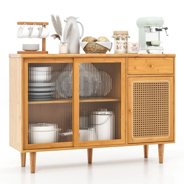 Mid-Eeuws Modern Bamboe Buffet Met Verschuifbare Deuren Van Gehard Glas Rotan Kast En Lade Boheems Koffiebarmeubilair Natuurlijke