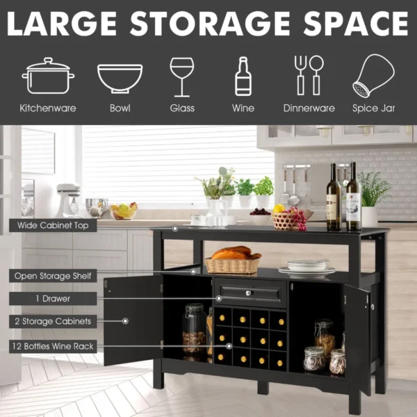 Moderne Eetkamer Buffetkast Keuken Dressoir Met Kruisvormig Wijnrek Open Plank 2 Kasten & Lade 117 X 40,5 X 82,5 Cm Zwart