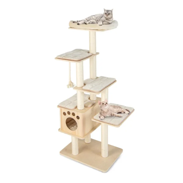 Moderne Katten Klimrek 170 Cm Klimrek Met Meerdere Niveaus Zitstok Houten Cabine Sisal-Krabpalen Pluche Platforms Natuurlijk