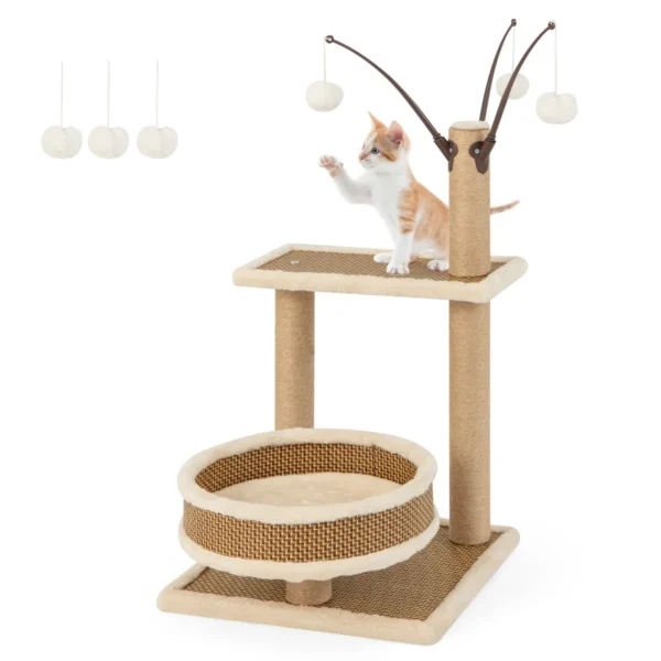 Moderne Kattenboom Met Rotanmat 3 Hangende Speelgoedballen Grote Nis Platform Zitstok Sisal Krabpalen Pluche Rand Natuur