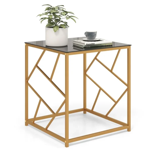 Moderne Vierkante Bijzettafel Met Gehard Glazen Blad En Verguld Geometrisch Frame Chique Nachtkastje Zwart En Goud