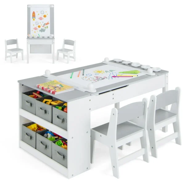Multifunctionele Kunst Tafel En Stoel Set Voor Kinderen Activiteit Bureau Met Lift-Up Lade Papierrol Verf Bekers En 6 Opbergbakken Grijs