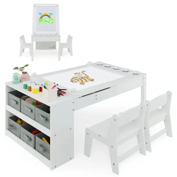 Multifunctionele Kunst Tafel En Stoel Set Voor Kinderen Activiteit Bureau Met Lift-Up Lade Papierrol Verf Bekers En 6 Opbergbakken Wit