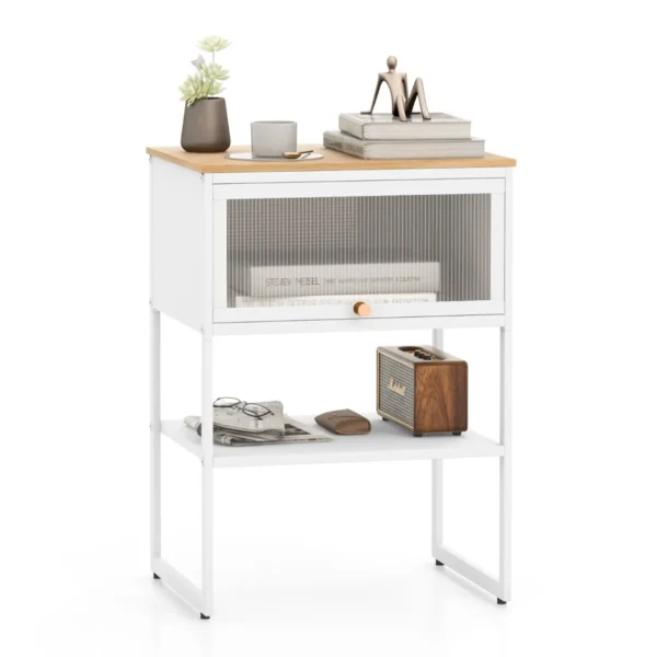 Nachtkastje Bankeinde Met Transparante Klapdeur Metalen Poten Opbergplank Ronde Handgreep 40 X 32 X 56 Cm Wit