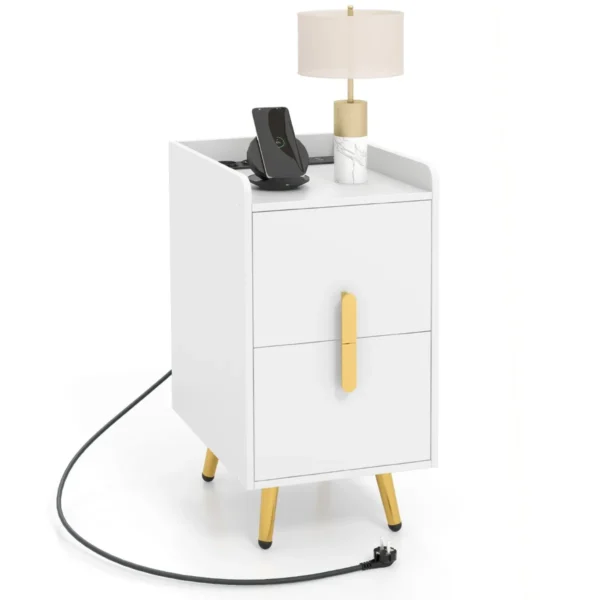 Nachtkastje Met 3 Stopcontact Bank Bijzettafel Met 2 Uittrekbare Laden 1 Kabelkanaal 2 USB-Poorten Opstaande Randen 40 X 32 X 60 Cm