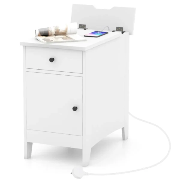 Nachtkastje Met Oplaadstation Bijzettafel Met USB-Poorten En Stopcontacten Salontafel Met Lade Opbergkast Tijdschriftenrek Wit