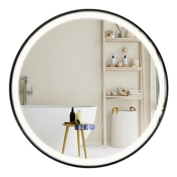 Ø 60 Cm Ronde Badkamerspiegel - LED Anticondens 3 Kleuren Geheugenfunctie Tijd-/Temperatuurweergave Onbreekbaar