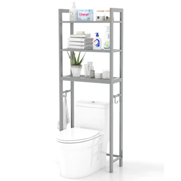 Opbergrek Boven Het Toilet Metalen Organiser Kantelbeveiliging 3 Haken 3 Planken Voor Badkamer Toilet Grijs
