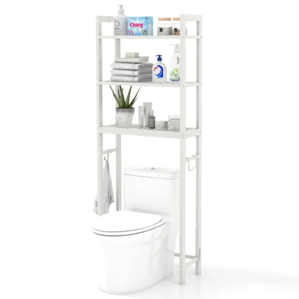 Opbergrek Boven Het Toilet Metalen Organiser Kantelbeveiliging 3 Haken 3 Planken Voor Badkamer Toilet Wit