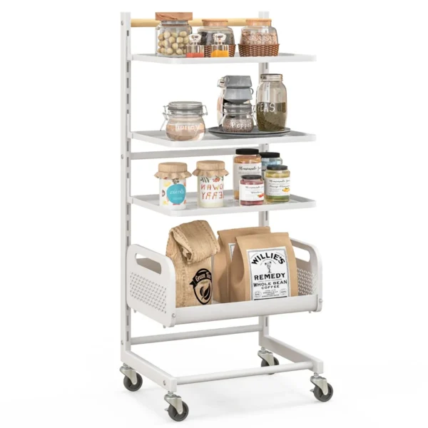 Opbergwagen Met 4 Niveaus Verstelbare Metalen Opbergwagen Rubberen Houten Handgreep En Vergrendelbare Wielen Wit