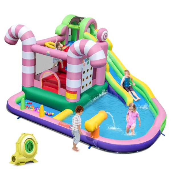 Opblaasbaar Springkasteel Snoep Themawaterpark Met Lange Glijbaan Waterpistool Met Ventilator Voor Maximaal 2 Kinderen