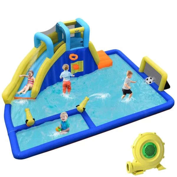 Opblaasbaar Water Springkussen 6-In-1 Springkasteel Met Watersproeiers & Glijbaan Voor Nat En Droog Draagtas/ Met Luchtventilator