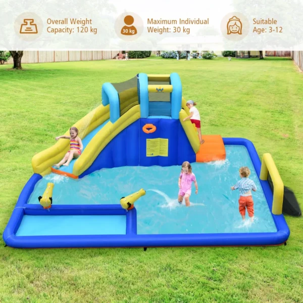 Opblaasbaar Waterpark 6-in-1 Springkasteel Met Waterglijbaan Springkussen 526 X 373 X 203 Cm Blauw + Geel