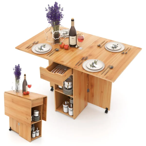 Opklapbare Bijzettafel Met 2 Wielen Consoletafel Met Kleppen Opklapbare Tafel Met Opbergsteun En Lade Met 2 Niveaus-Natuur