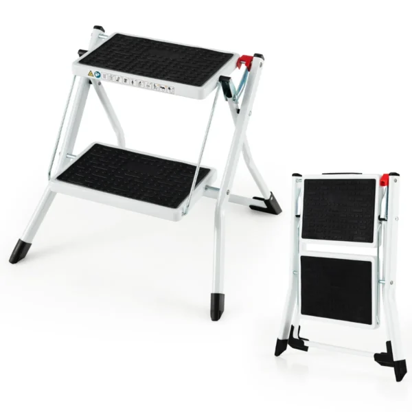 Opklapbare Trap Met 2 Treden Opklapbaar 20 Cm Breed Tot 150 Kg Belastbaar Vouwladder Met Draaggreep En Anti-Slip Pedaal Wit