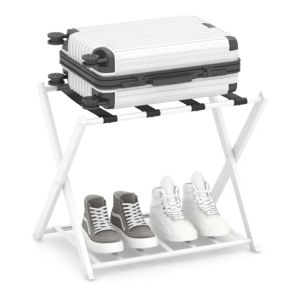 Opvouwbaar Bagagerek Bagagerek Met 2 Niveaus Stevig Metalen Bagagerek Stevige Nylon Riemen Voor Slaapkamer Kledingkast Wit